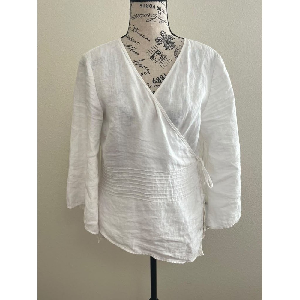 Richard Malcolm White 100% Irish Linen Pintuck Wrap Top Size M 3/4 Sleeve